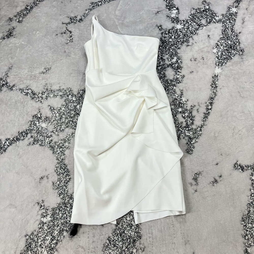 Aqua Formal Ivory One Shoulder Cocktail Dress Ruffle Draped Wedding Size 12